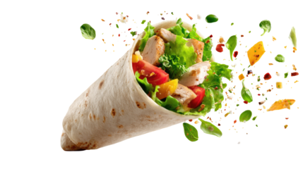 Chicken Wrap with Juicy Ingredients Suspended in Air on Transparent Background
