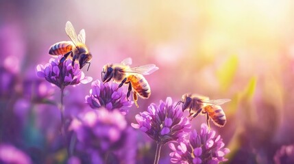 Honeybees delicately gathering nectar from purple clover flowers under warm sunlight.