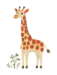 Fototapeta premium Adorable illustrated giraffe with leafy plant accents, cut out - stock png.
