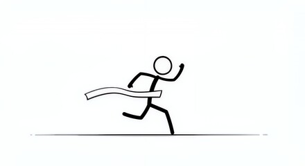 Stickman Athlete Crossing a Finish Line on White Background Illustrating Triumph and Achievement in Minimalist Style