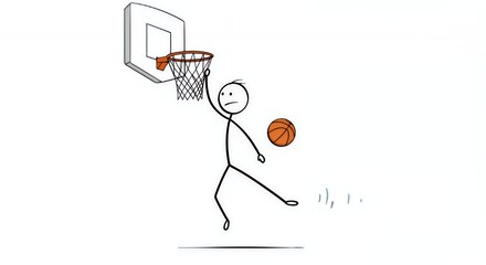 Stickman Athlete Gracefully Executing Perfect Slam Dunk on White Background Symbolizing Success and Skillful Sporting Activity