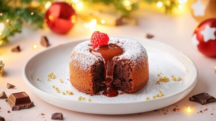 Decadent Chocolate Lava Cake with Raspberry and Festive Decorations