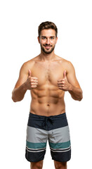 Happy young adult Caucasian man with a beard, shirtless in striped board shorts, smiling and giving two thumbs up, isolated on a transparent background.