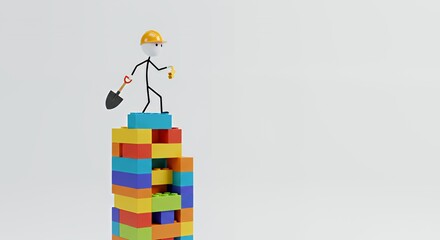 Stickman Construction Worker atop Colorful Building Blocks Tower Isolated on White Background Representing a Construction Occupation