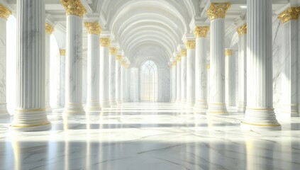 Grand marble hall, sunlit columns