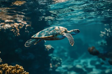 Fototapeta premium Colorful coral reefs provide a stunning backdrop for a swimming sea turtle.