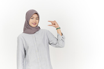 Holding Small measuring something Of Beautiful Asian Woman Wearing Hijab Isolated On White Background