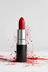A striking red lipstick with splashes of pigment for a captivating beauty and fashion statement.