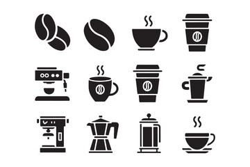 Coffee cup and drink icon set with various mugs and beverage symbols
