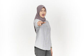 Pointing at you with angry gesture Of Beautiful Asian Woman Wearing hijab Isolated On White Background