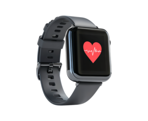 Smartwatch displaying a heart graphic on its screen isolated on transparent background