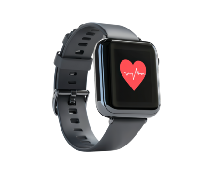 Smartwatch displaying a heart graphic on its screen isolated on transparent background - Powered by Adobe