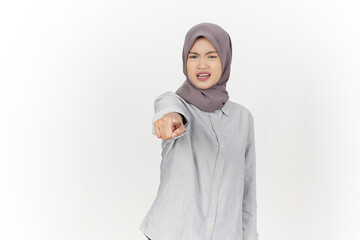 Pointing at you with angry gesture Of Beautiful Asian Woman Wearing hijab Isolated On White Background