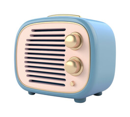 Retro blue and gold tabletop radio with dual knobs and pink details, cut out - stock png.
