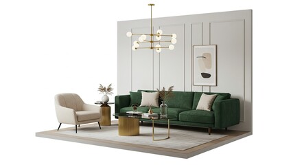 Fototapeta premium Green Velvet Sofa Living Room Interior Design with Gold Decor