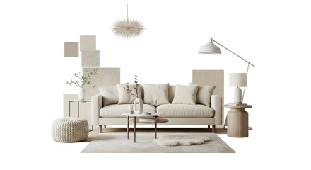 Fototapeta premium Neutral Living Room Interior Design with Beige Sofa and Wooden Furniture