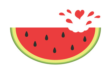 Cute watermelon slice with splash in heart shape. Fun summer fruit illustration, perfect for food designs, cards, prints, and healthy lifestyle graphics.

