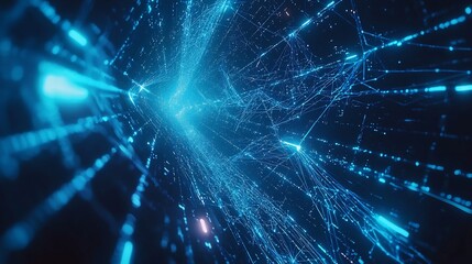 Stock photo concept: Futuristic glowing network mesh, abstract ai connections forming digital pathways in deep blue and neon cyber aesthetics