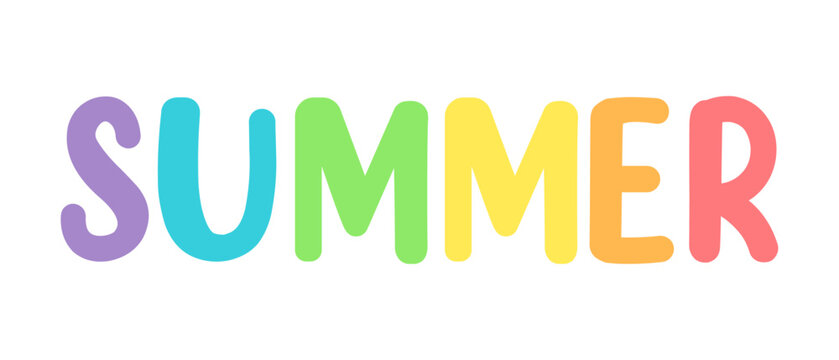 Colorful "SUMMER" word art in rainbow tones. Bold and cheerful typography perfect for vacation graphics, t-shirt prints, banners, and summer-themed designs.

