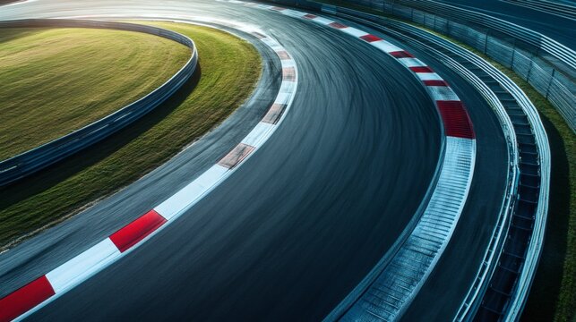 Captivating aerial shot of a race track's curved design, showcasing speed and asphalt details. - Powered by Adobe
