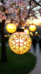 Illuminated floral lanterns hang under a blossoming tree with soft light