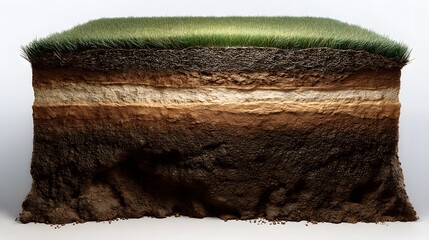 A detailed cross-sectional view of soil layers showcasing the vibrant green grass on top and various strata beneath illustrating geological composition