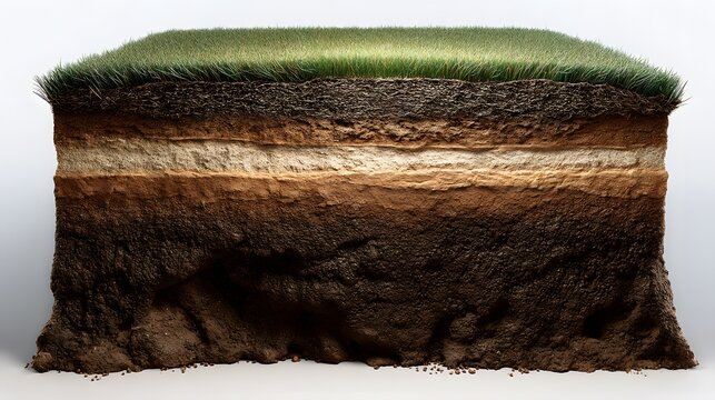 A detailed cross-sectional view of soil layers showcasing the vibrant green grass on top and various strata beneath illustrating geological composition