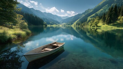 Obraz premium A serene wooden boat gently floating on crystal-clear waters surrounded by lush green mountains and dense forests under a bright blue sky