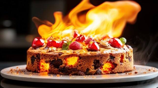 Fire Igniting on Cake with Toppings of Berries and Nuts in Oven