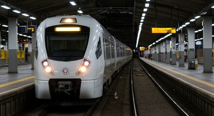 Naklejka premium Modern train at station platform representing urban transit and transportation efficiency, with tracks and bright headlights