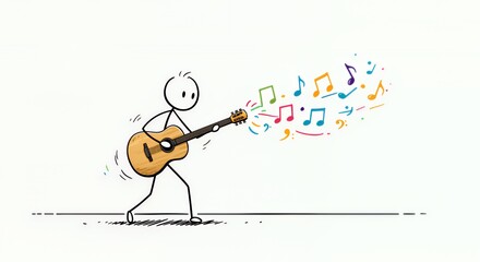 Stickman Musician Playing Guitar with Flowing Colorful Notes on White Background