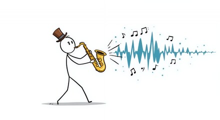 Stickman Musician Playing Saxophone with Teal Soundwaves and Musical Notes Isolated on White Background with Black Top Hat