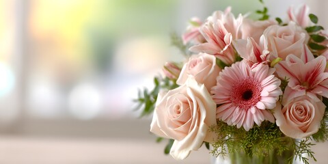 A beautifully arranged bouquet of soft pink roses and delicate gerbera daisies in a clear glass vase set against a softly lit window backdrop