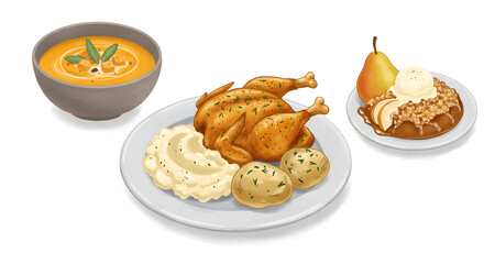 Creamy butternut squash soup with sage croutons, followed by herb-roasted chicken with garlic mashed potatoes. Warm pear crumble with vanilla ice cream for dessert