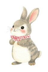Obraz premium Cute cartoon rabbit wearing a red checkered bowtie, cut out - stock png.