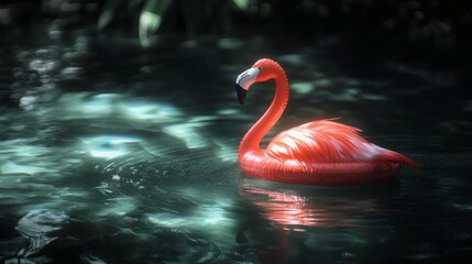 Fototapeta premium A vibrant, inflatable flamingo floats serenely on the water, basking in soft, diffused light.