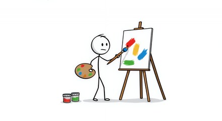 Stickman Painter Creatively Adding Brushstrokes to a Canvas with Palette Isolated on White Background