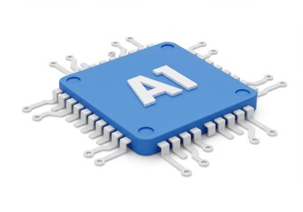 Close up of a blue computer chip with white lettering isolated on white background