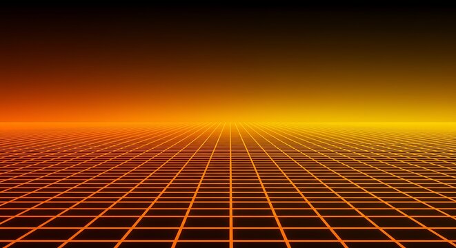 A vibrant 3D rendered retro background featuring an orange glowing grid stretching into a warm gradient horizon. Perfect for synthwave and vaporwave themes.