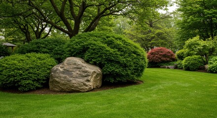 Naklejka premium Lush garden scene representing tranquility and nature, featuring green bushes, trees, and a large rock