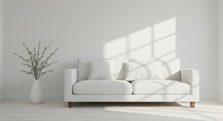 Fototapeta premium White sofa in bright room representing minimalist lifestyle and serenity, with natural light and plant