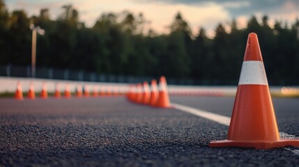 An array of orange traffic cones create a path, emphasizing safety and directing drivers on a road.