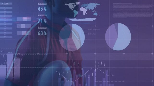 man analyzing data in technology interface, with animated world map, bar graphs, circular charts