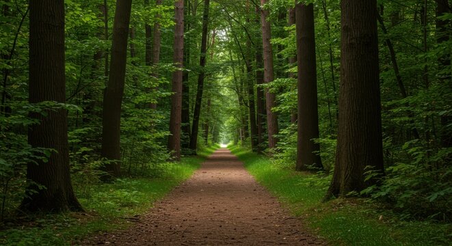 Forest path representing journey and exploration, with tall trees and green foliage