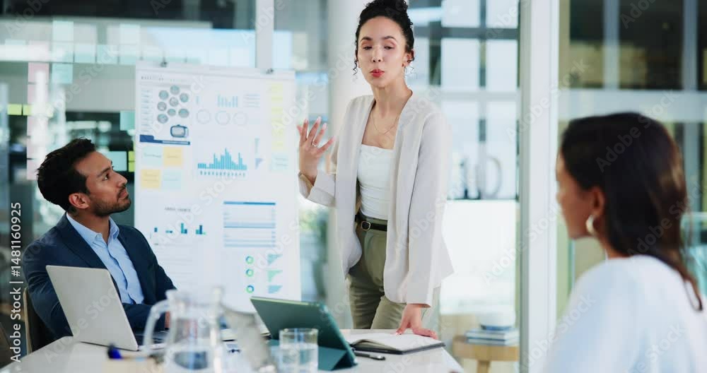 Poster business woman, presentation and meeting with charts for administration, research or data in office.