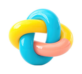 Colorful intertwined torus sculpture in blue yellow and peach, cut out - stock png.