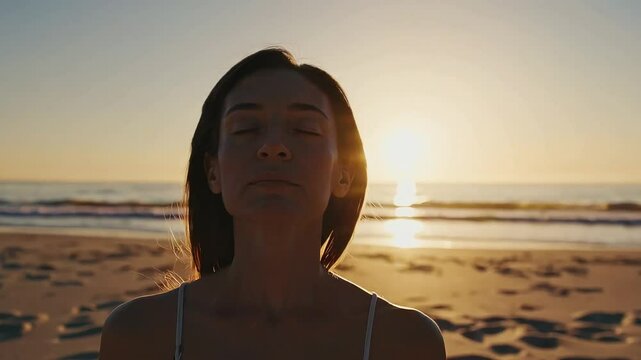 Woman meditating in lotus position at sunrise on the beach, symbolizing peace and mindfulness.