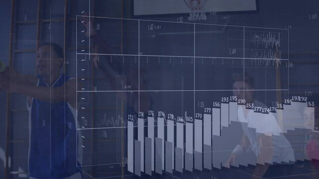 team practicing basketball on court, overlaying animated bar and line graphs for sports analytics - Powered by Adobe