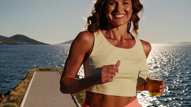 Energetic woman jogging by the sea at sunrise, capturing a healthy and active lifestyle.