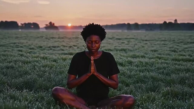 Side profile of a person meditating in a serene field at twilight.